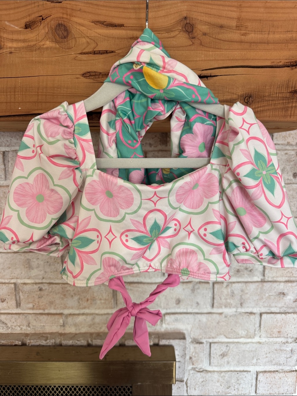 Pepita & me Pink & Mint Floral Tie-Front Puff Sleeve swimsuit